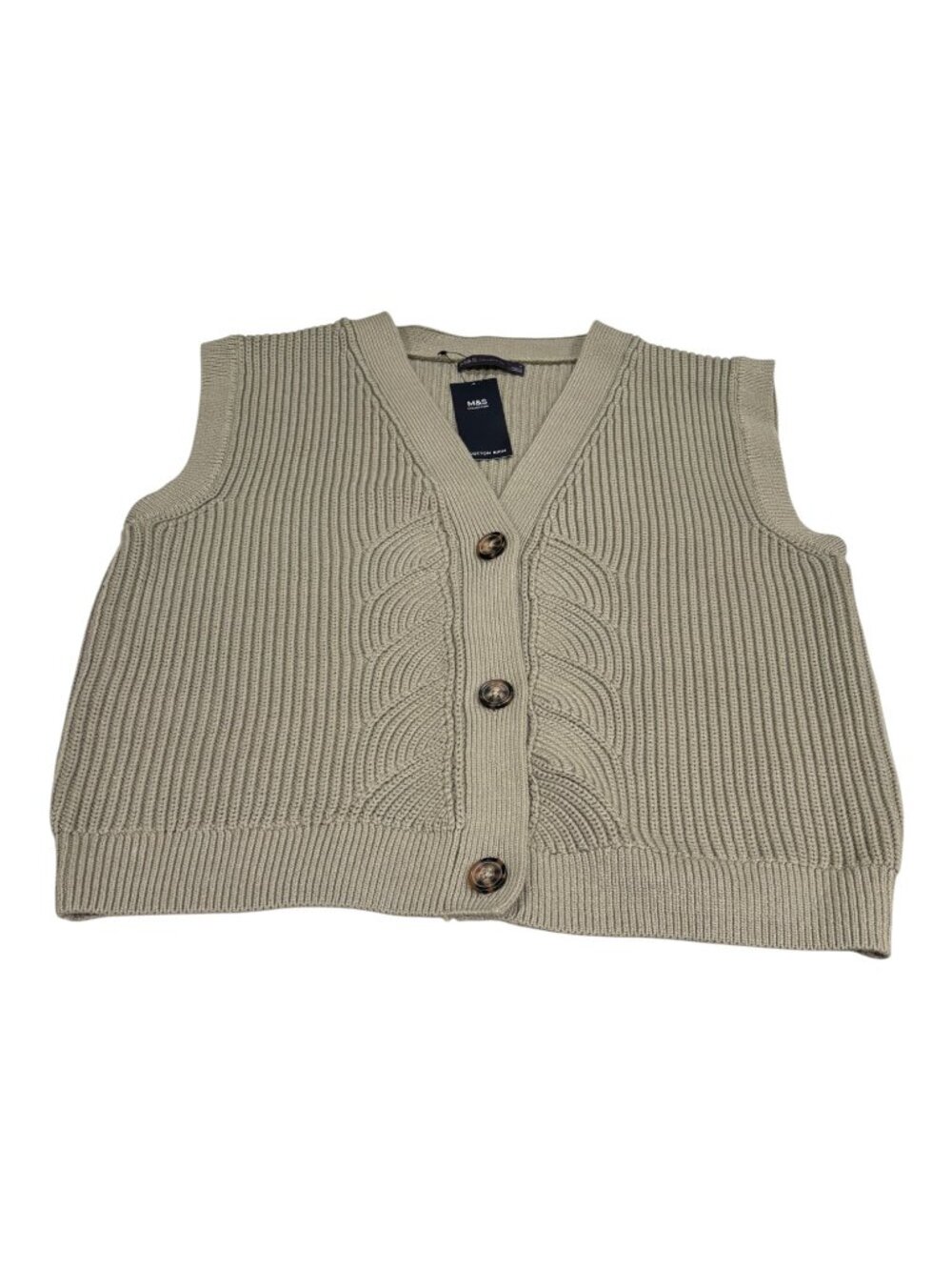 M&S Collection Cotton Rich Sweater Vest Medium Sage Green Button Front Knit Prep - Picture 9 of 11